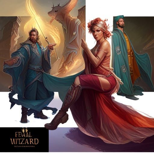 female wizard among male wizards ; hyperdetailed; photoreali...