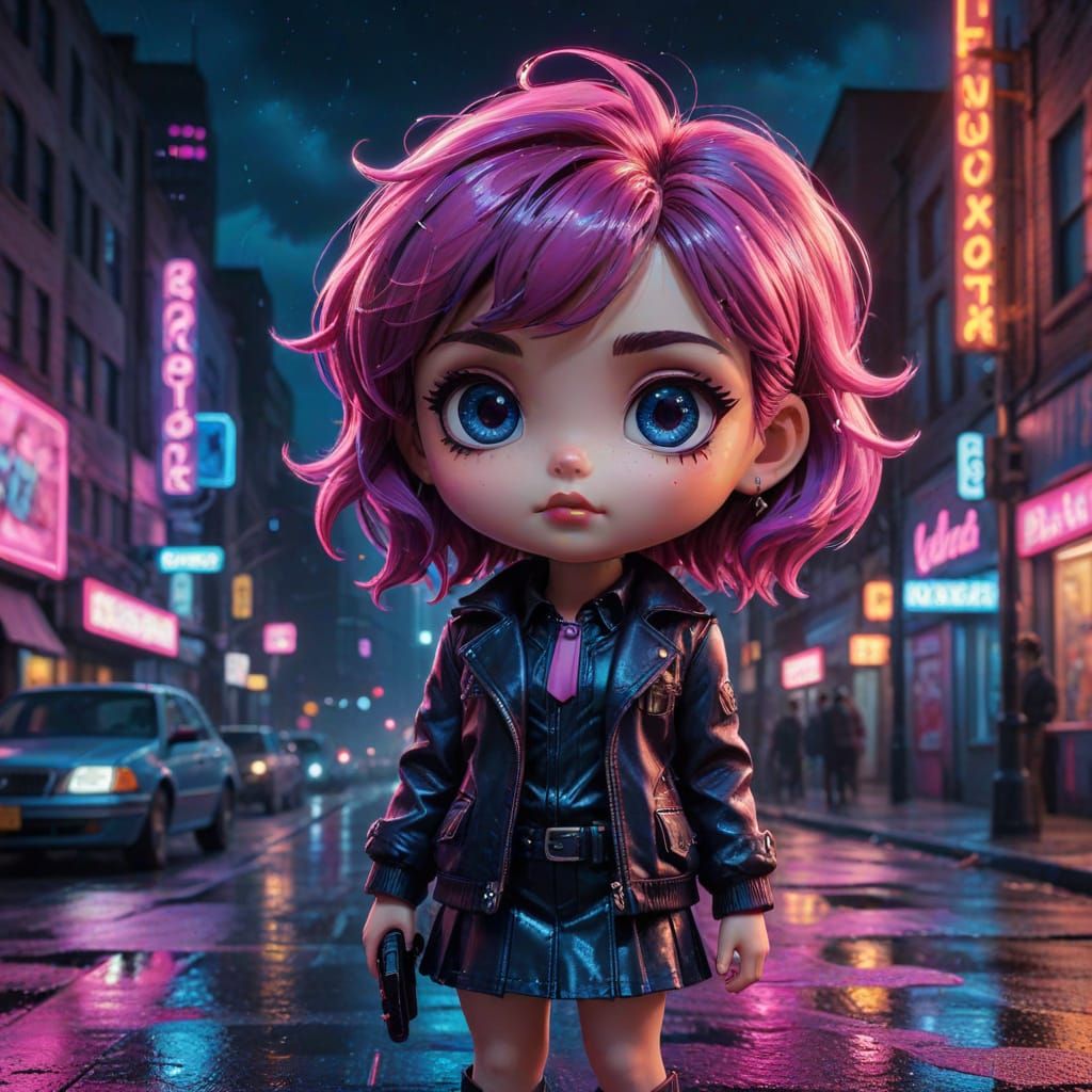 Chibi Detective in Retro-Futuristic Synthwave City