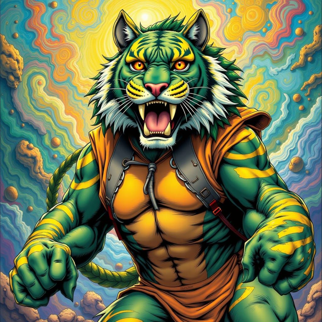 Green Battle Cat with Orange Saddle in Digital Art