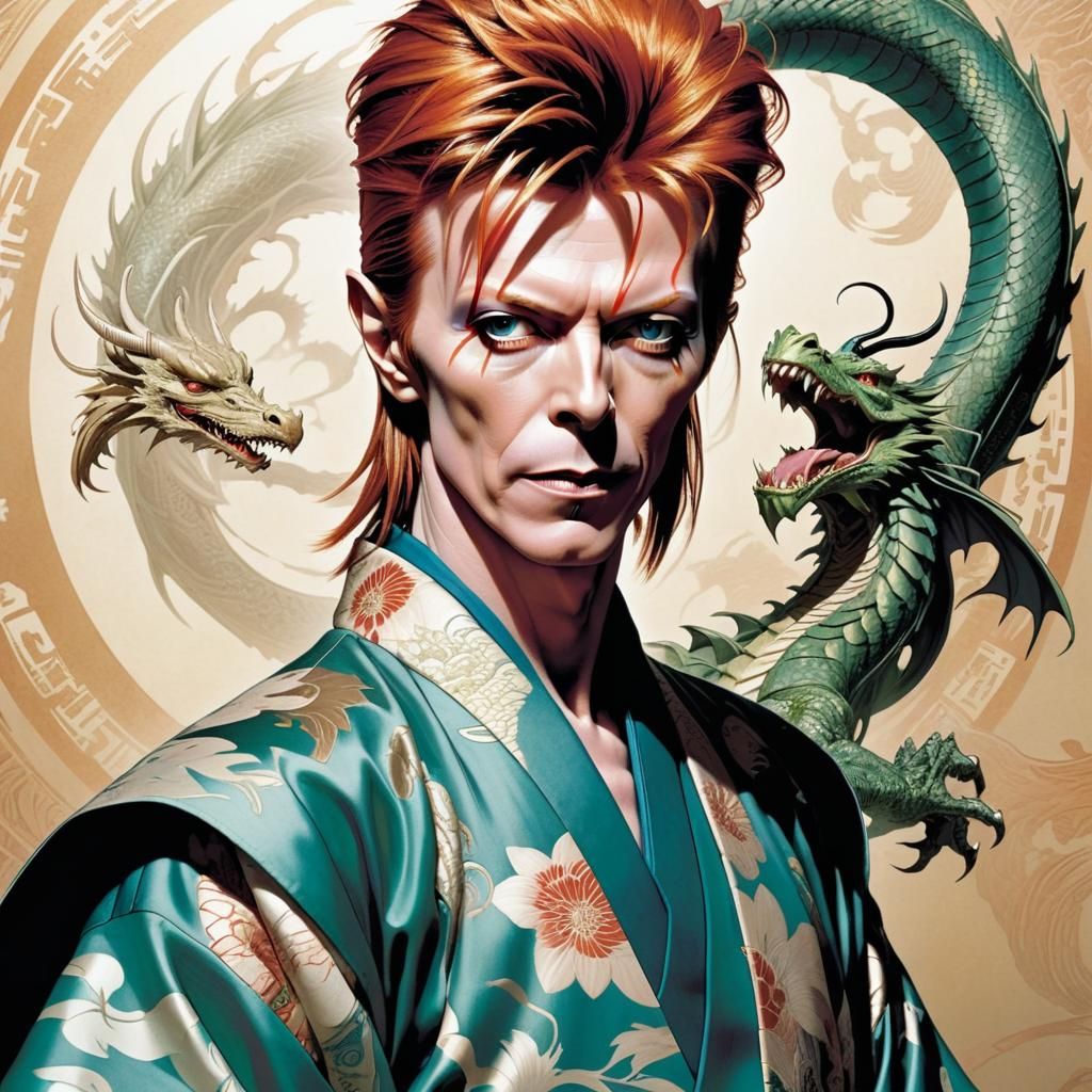 David Bowie  wearing an intricate dragon kimono, rafeal albuquerque comic art, vertigo comics, the sandman from graphic ...