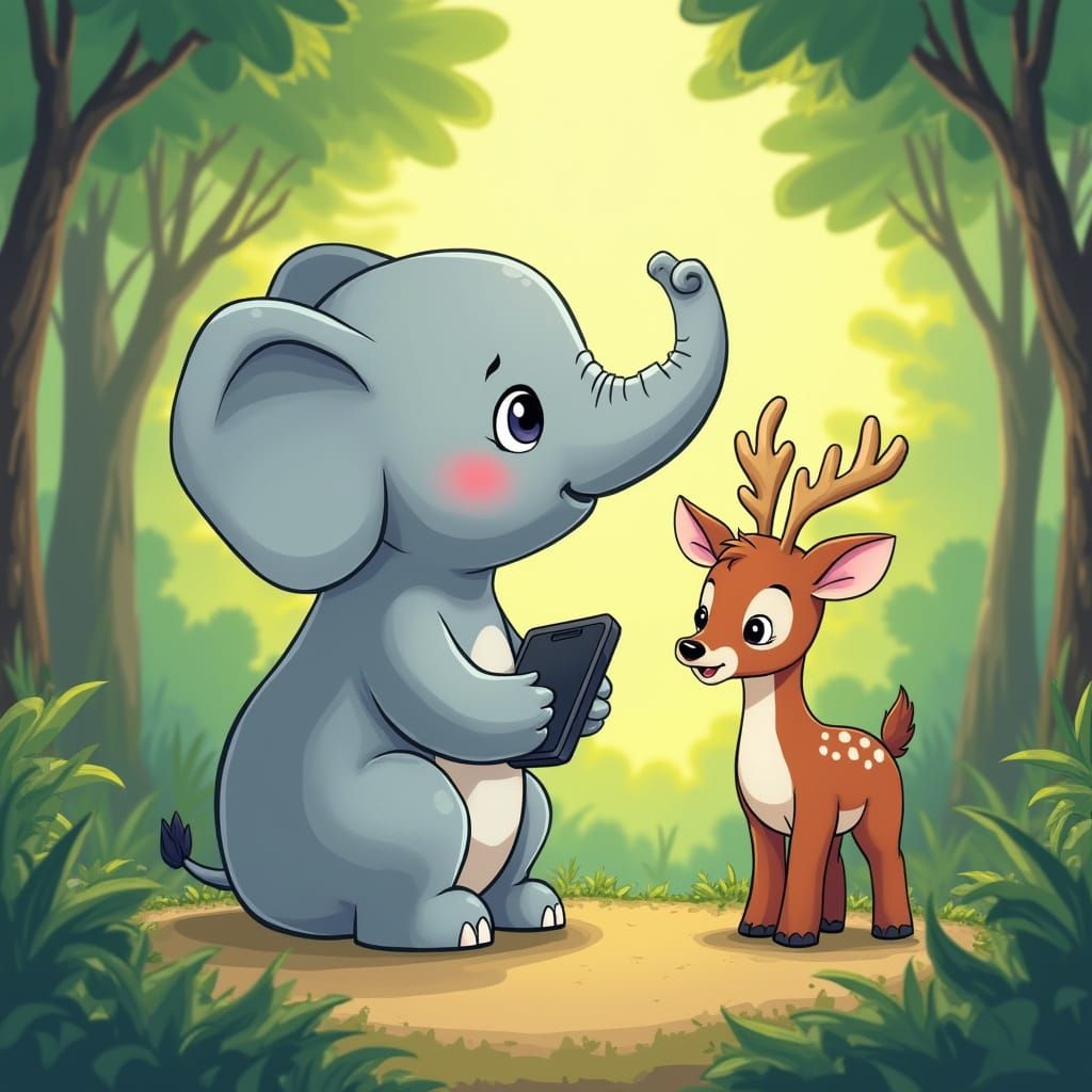 Cartoon Elephant Helps Deer in Jungle, Animation Style