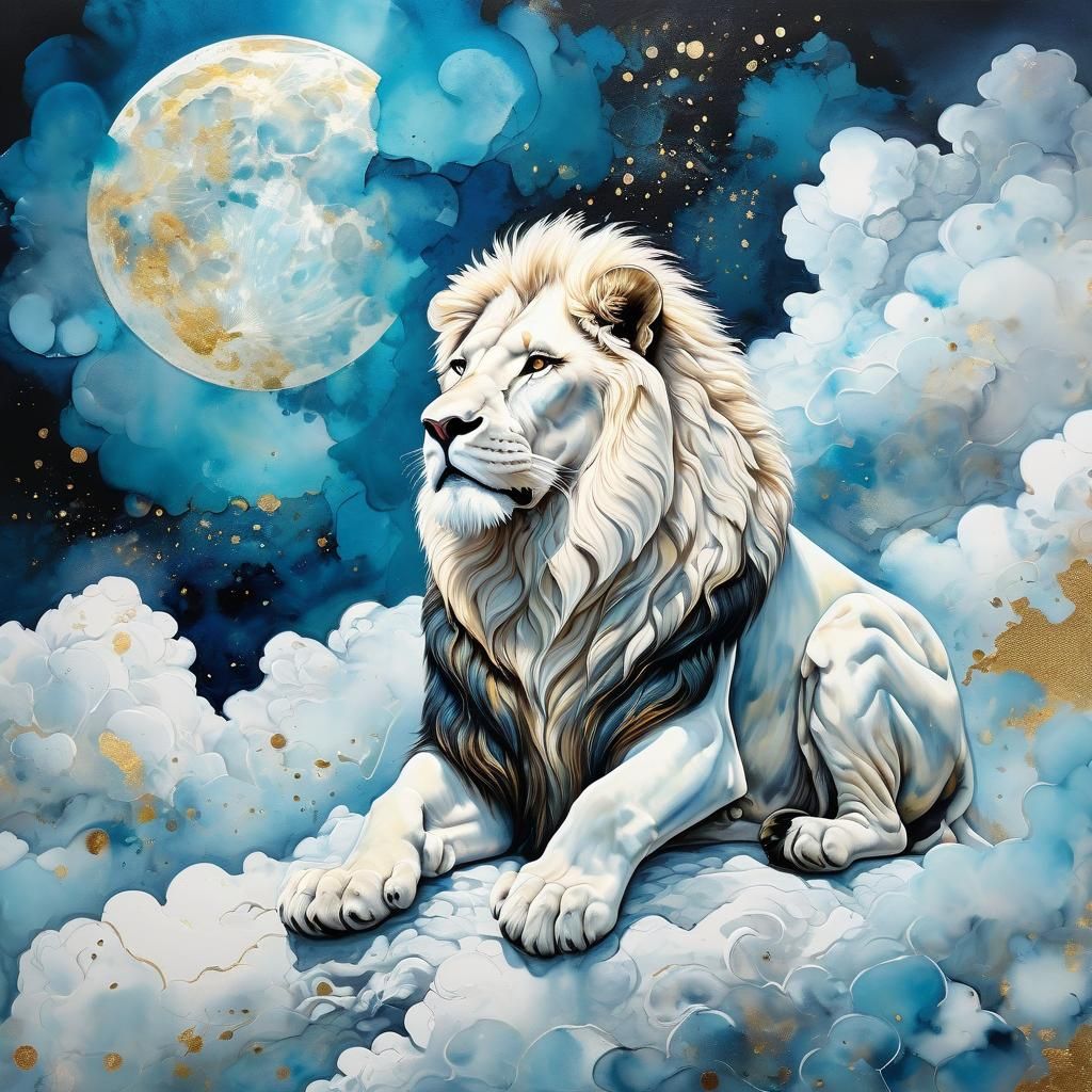 Majestic White Lion in Celestial Ink Splatter Art