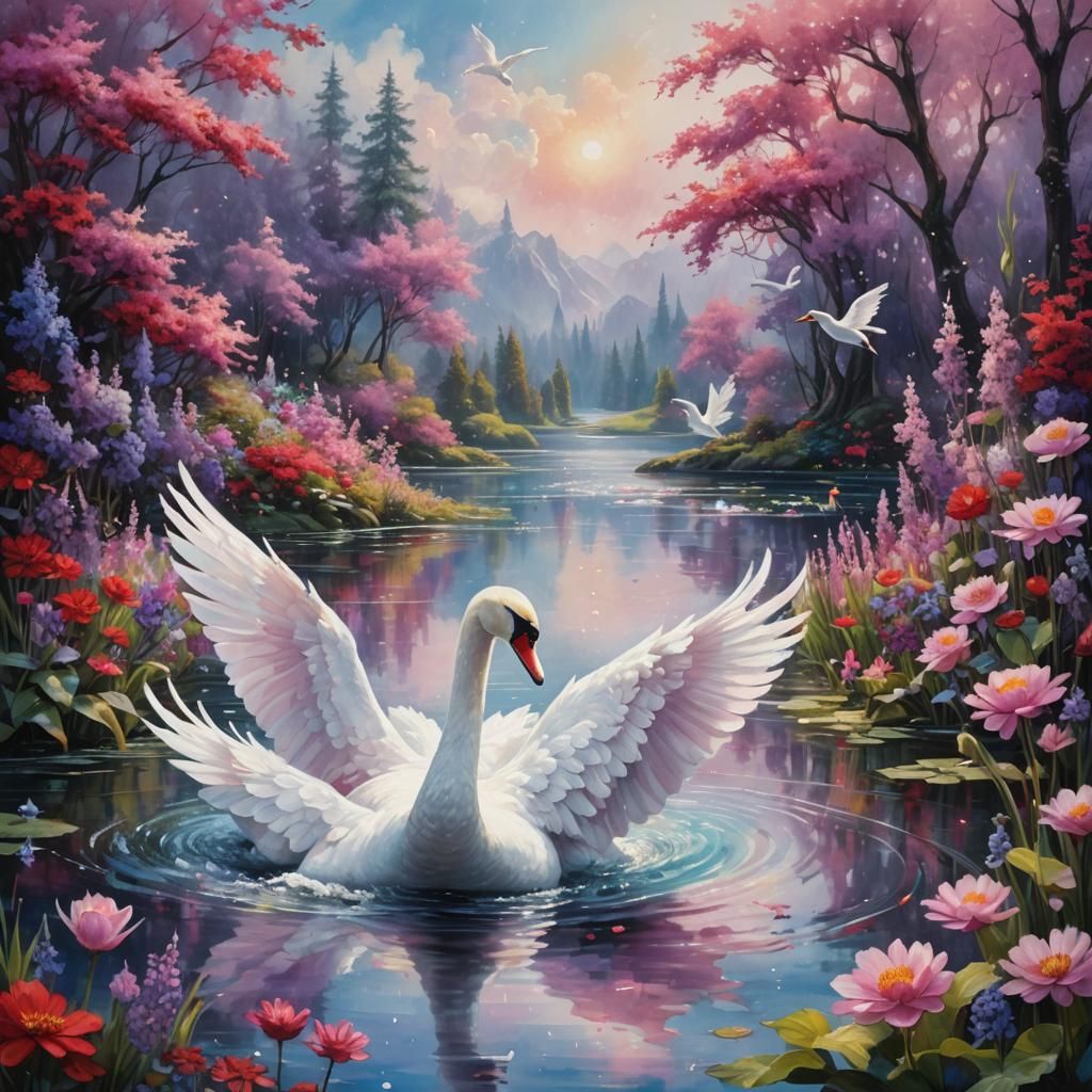 Serene Swan on Lake with Fairies in Magical Realism
