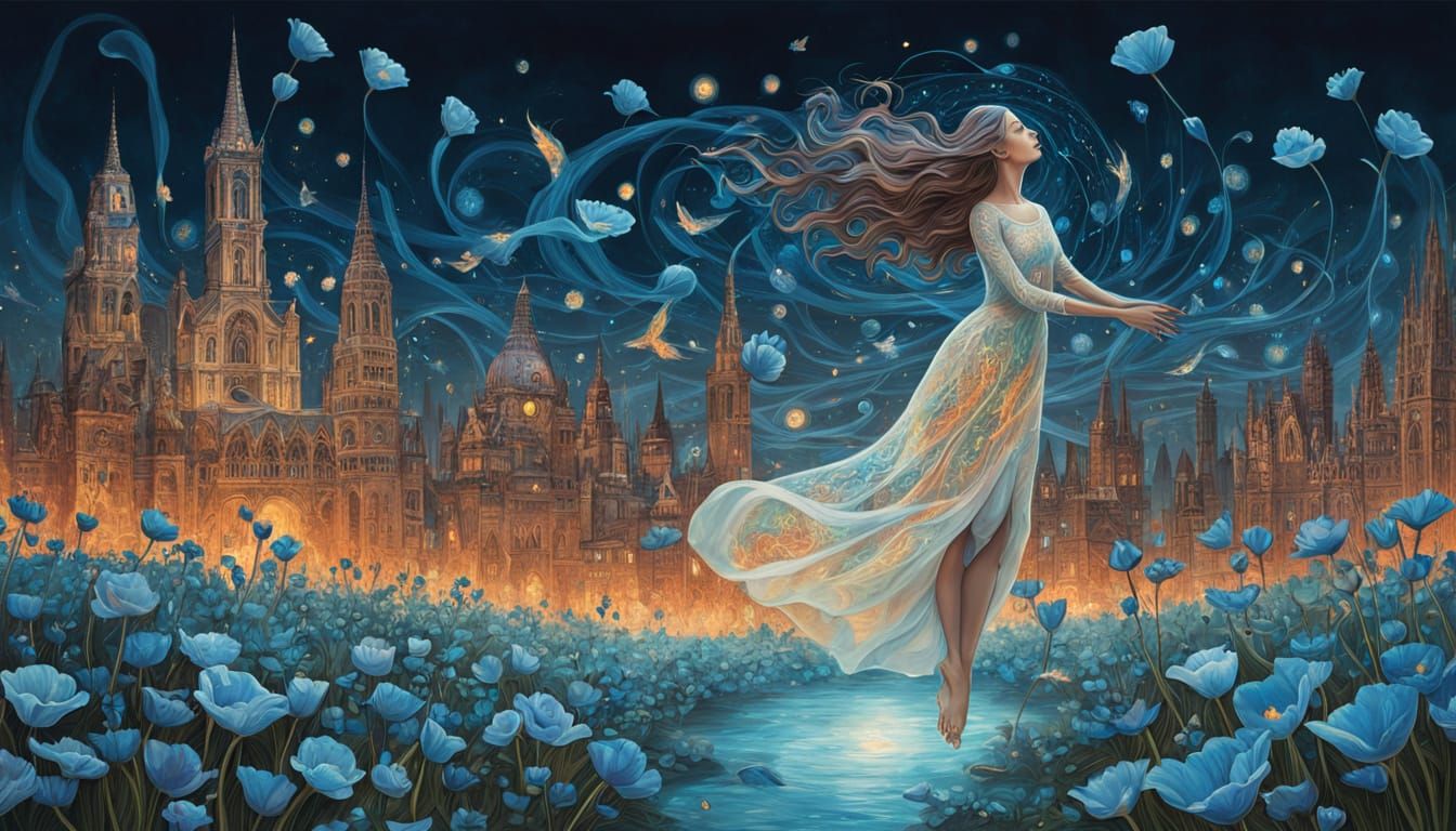 Ethereal Woman in Poppy Field, Klimt-Inspired