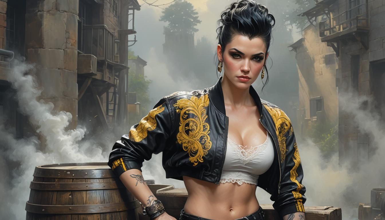 Mohawk Woman Leaning on Barrel in Ethereal Fantasy Style