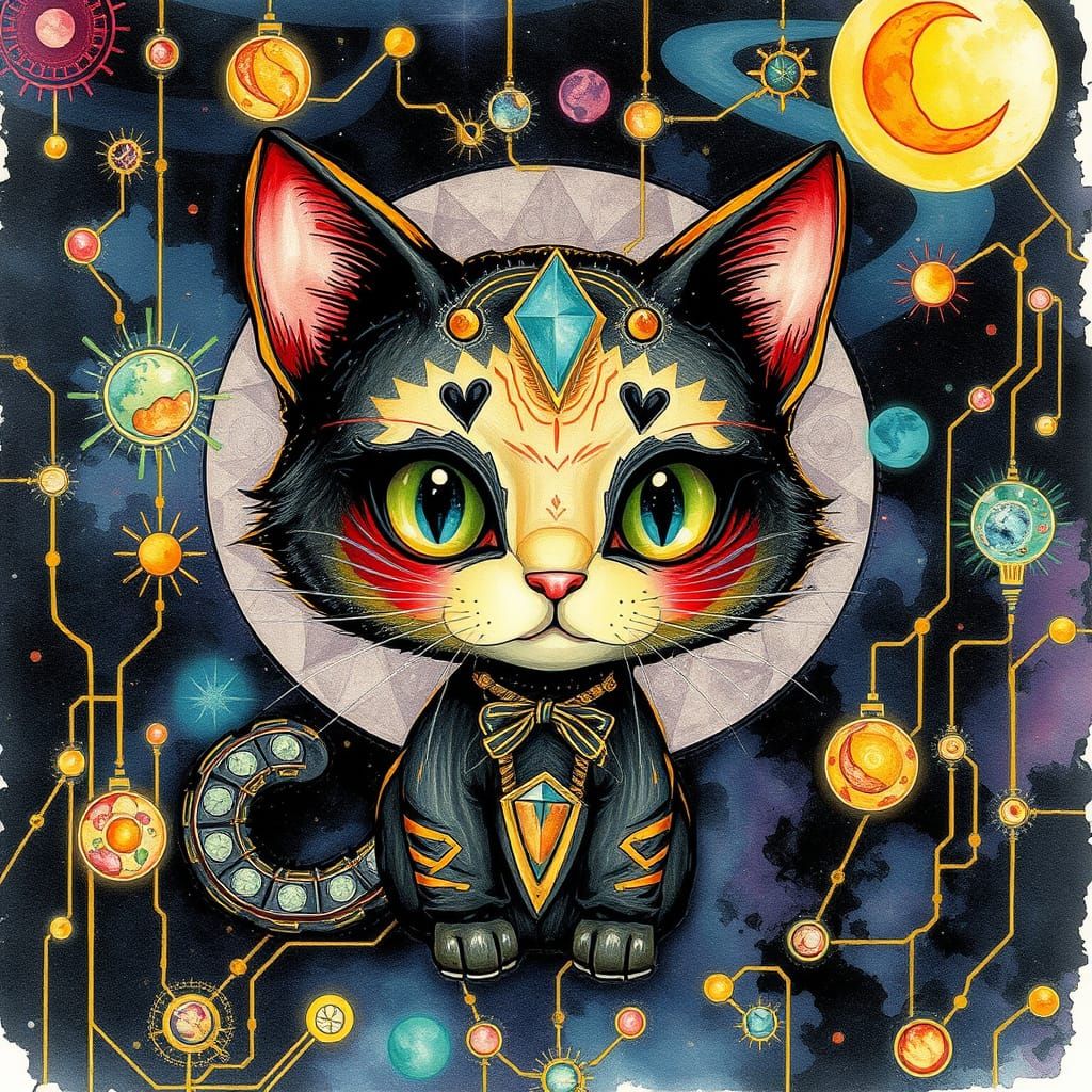 Whimsical Chibi Cat in Vintage Storybook Style