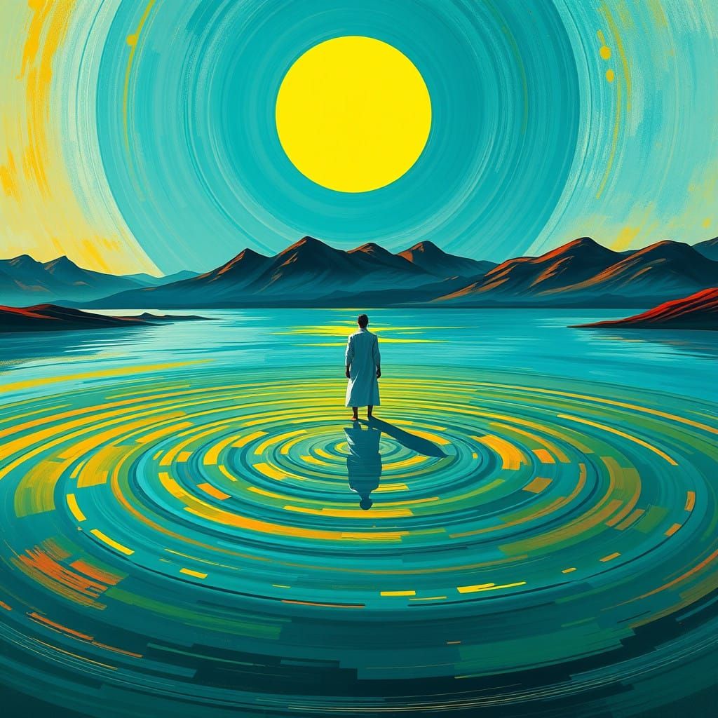 Meditative Landscape with Silhouetted Figure and Vibrant Col...