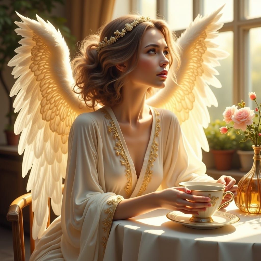 Angel Enjoying Coffee in Dreamy Art Nouveau Style