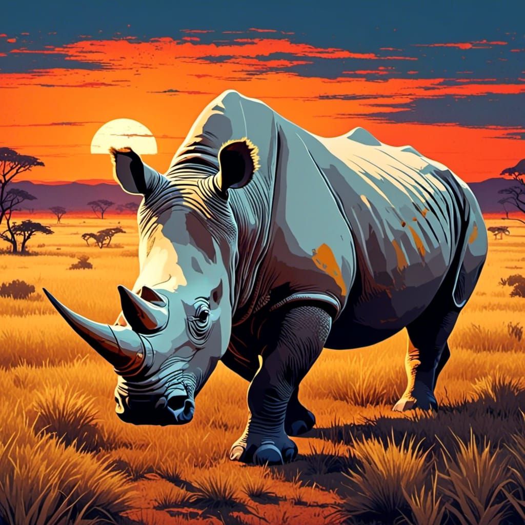 White Rhino in African Savannah: Glowing Pop Art