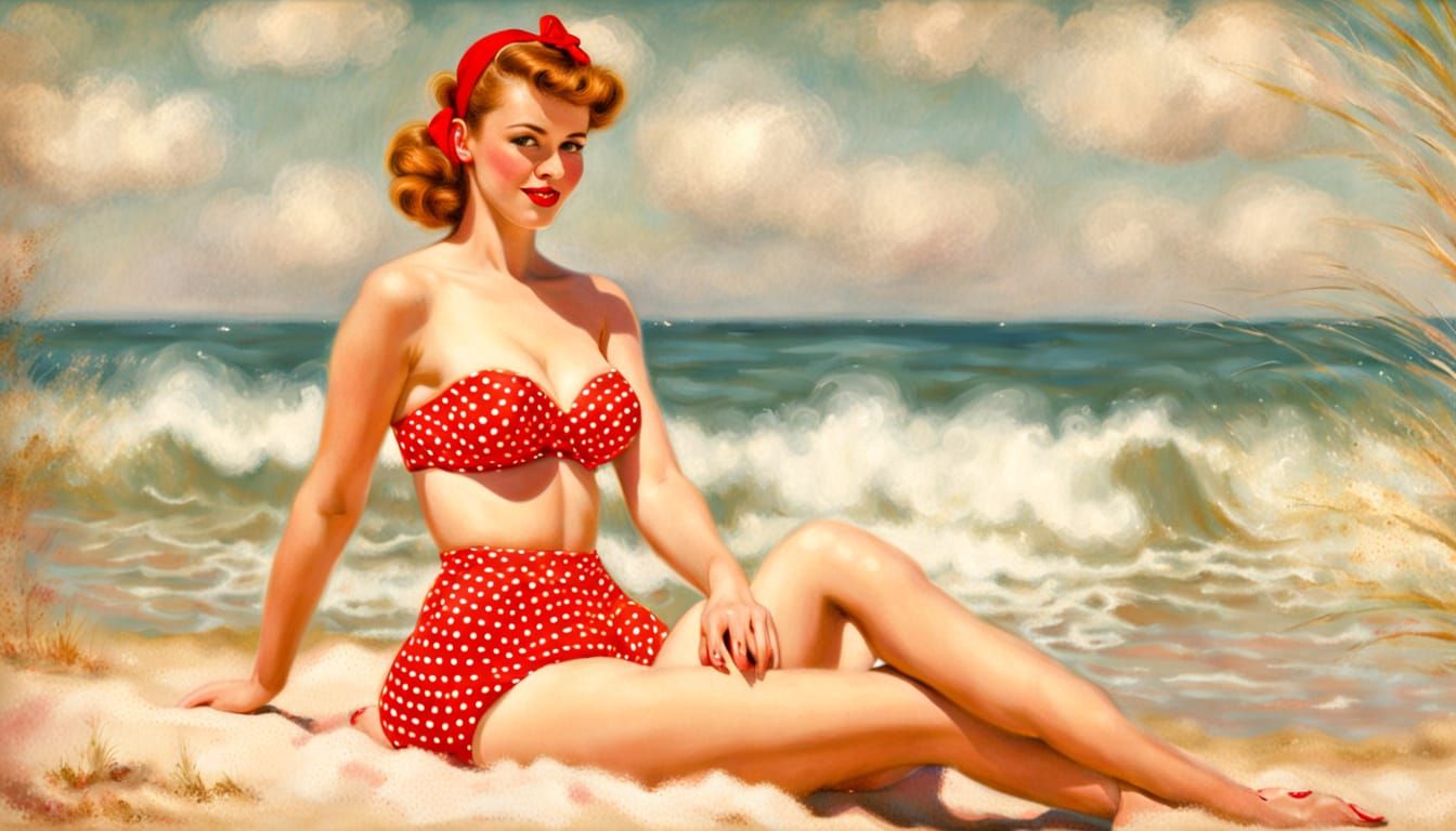 Retro Pin-Up Girl on Beach in Impressionistic Style