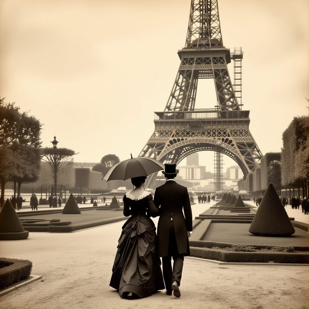 Eiffel Tower Construction in Sepia Photography Style