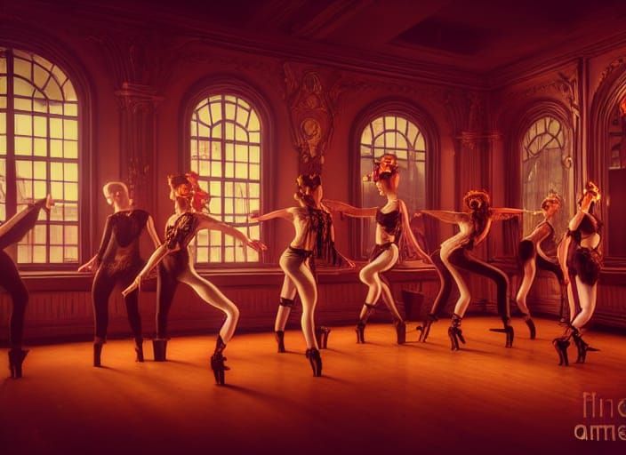 Steampunk Dancers in Ornate Studio: Digital Illustration