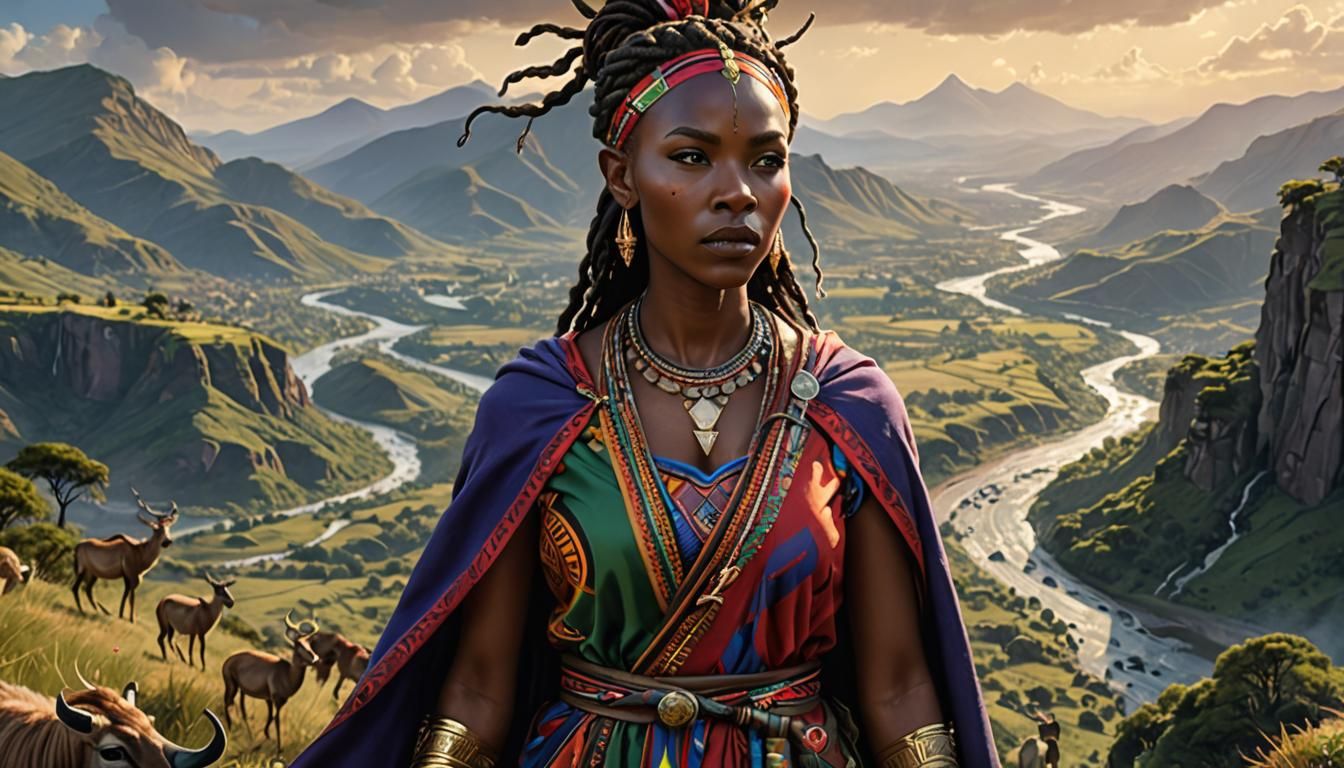 African Elf with Magic Antelopes: Hyperrealistic Splash Art