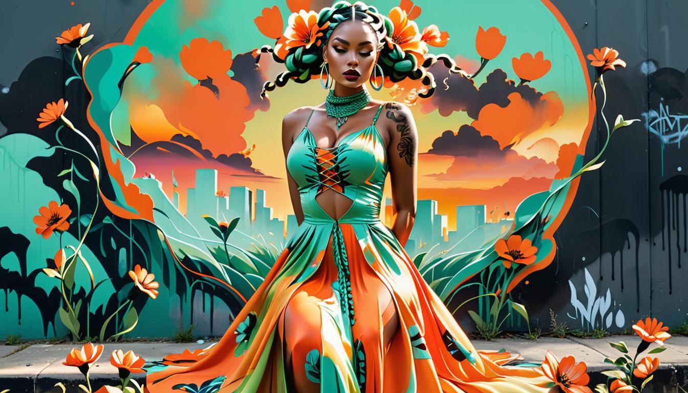 Curvy Model in Graffiti Art Style with Sunset