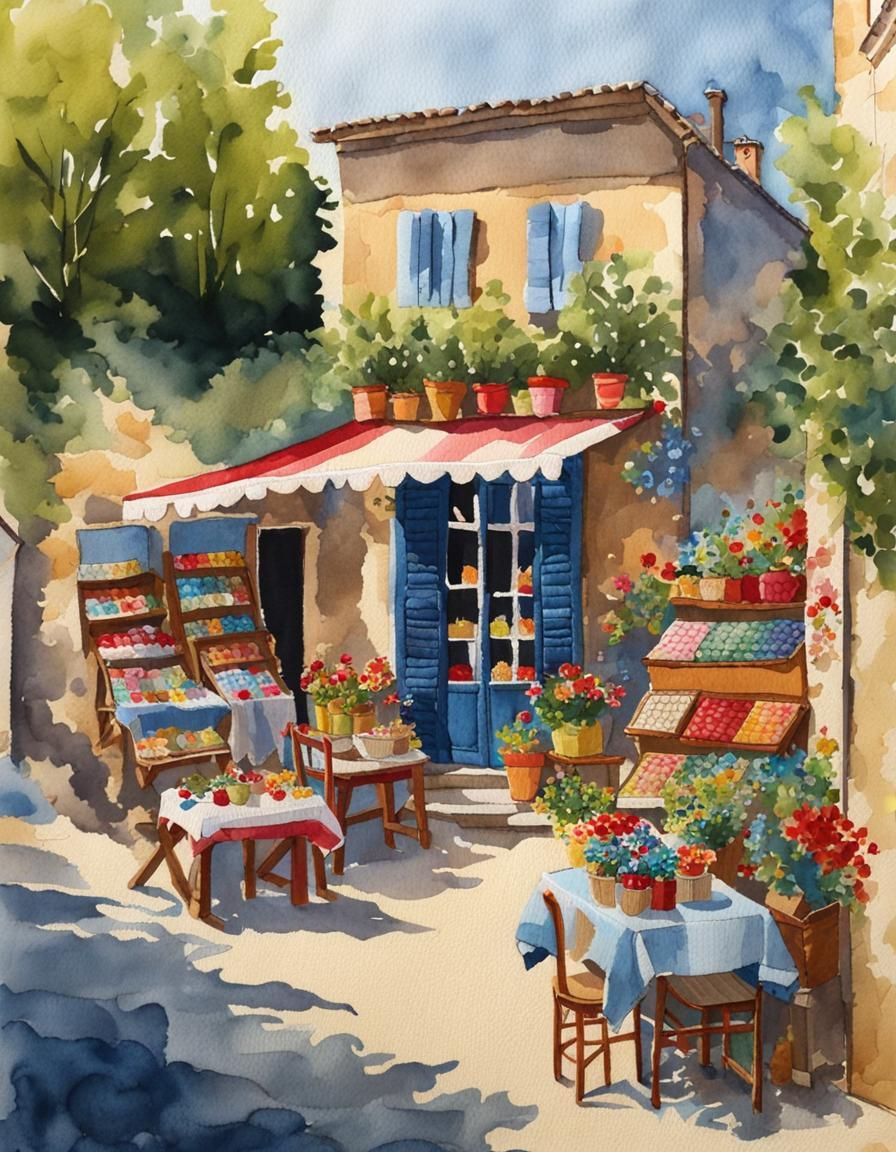 Lourmarin France Street Scene in Gouache Style