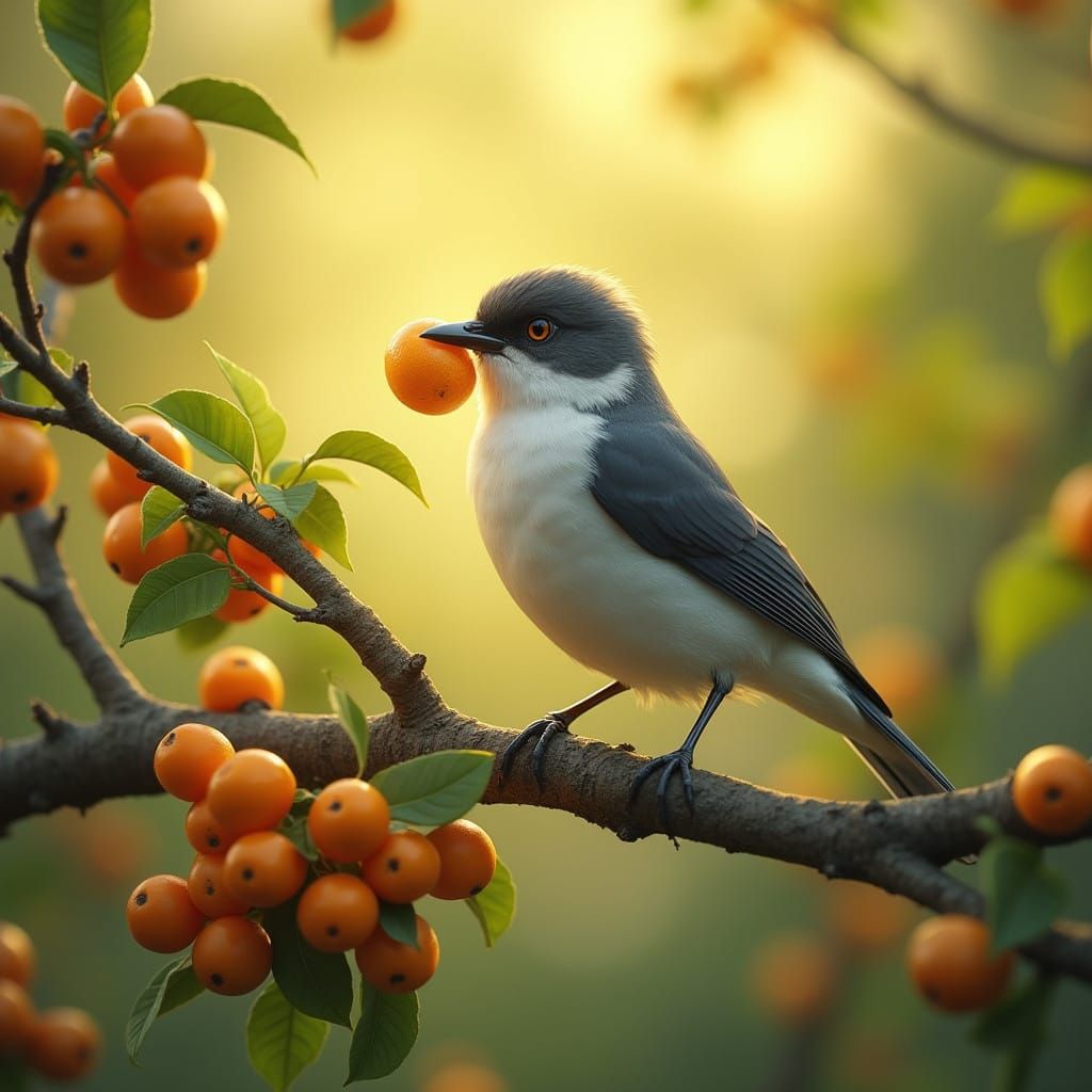 Fantastical Bird Amidst Vibrant Orange Fruits in a Natural,....