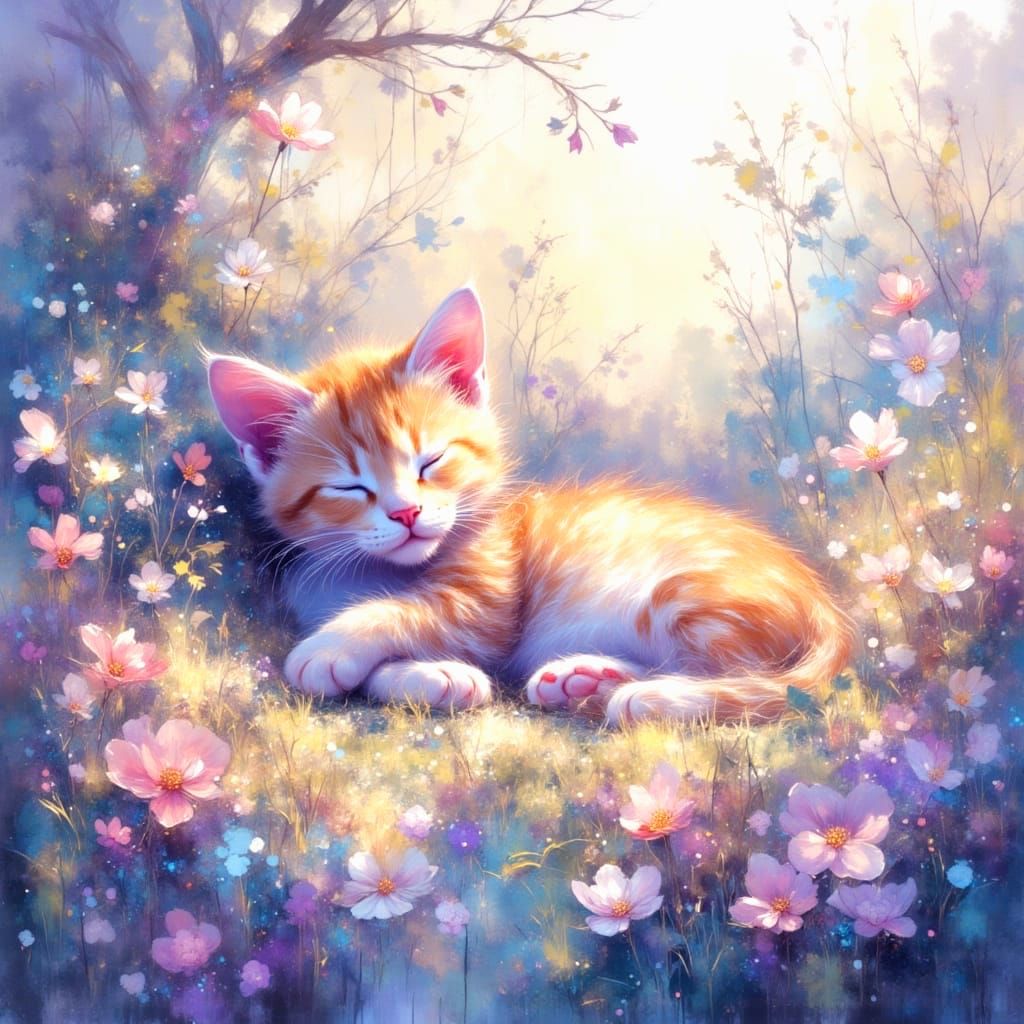 Peaceful Kitten Amidst Vibrant Flowers in Serene Garden