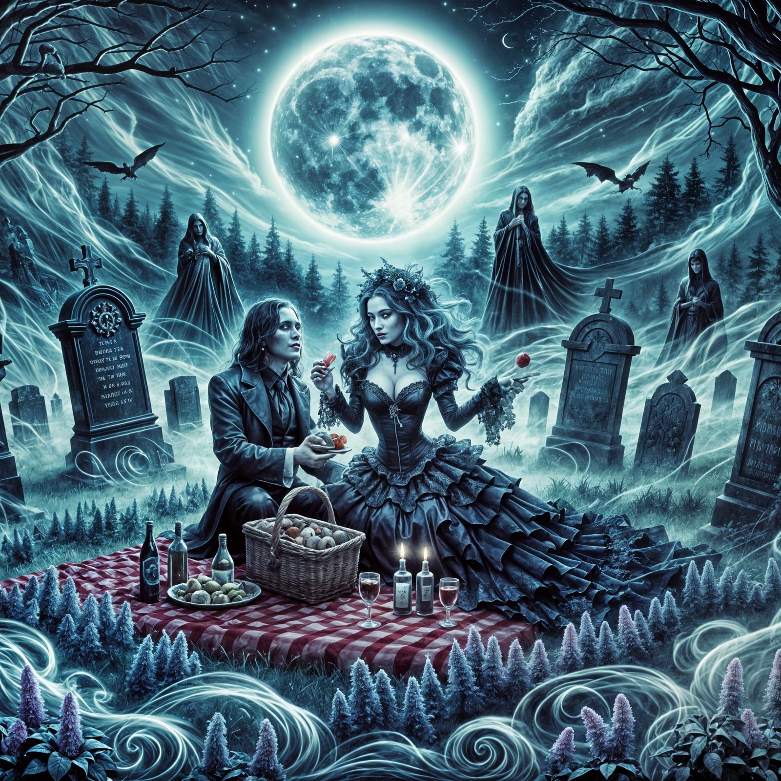 Gothic Couple's Midnight Picnic in Graveyard
