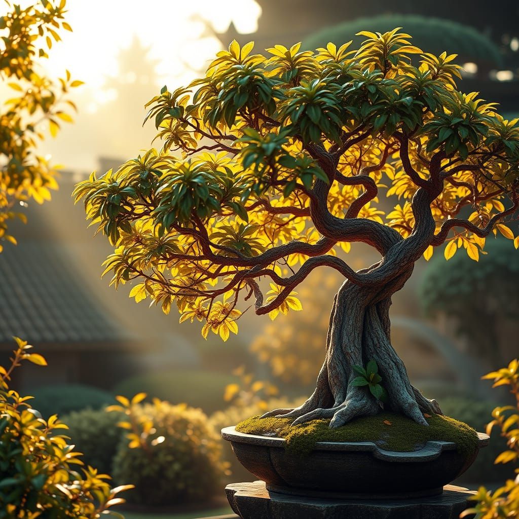 Bonsai Trees in Golden Light, Fantasy Art