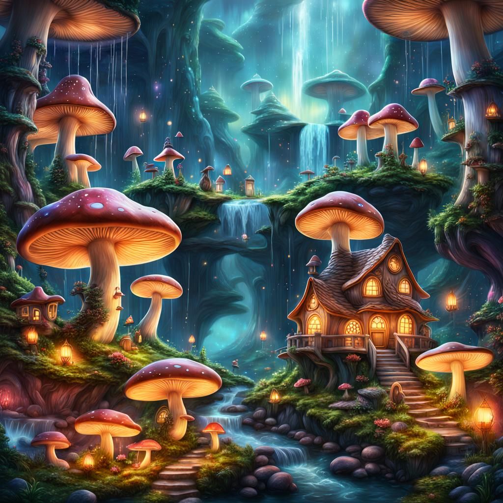 Enchanted Mushroom Forest with Galaxy Waterfalls