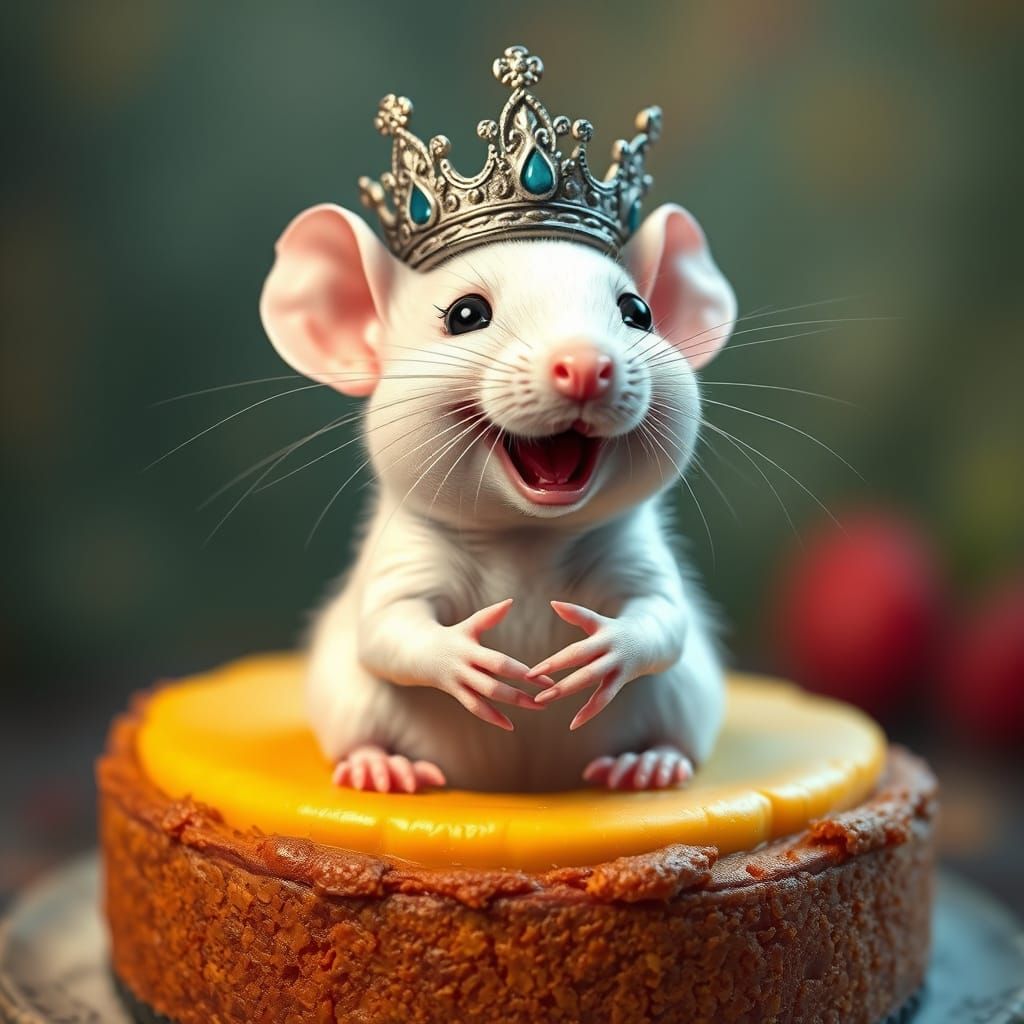 Regal White Rat Sits on Cheesecake, Laughing with Joy