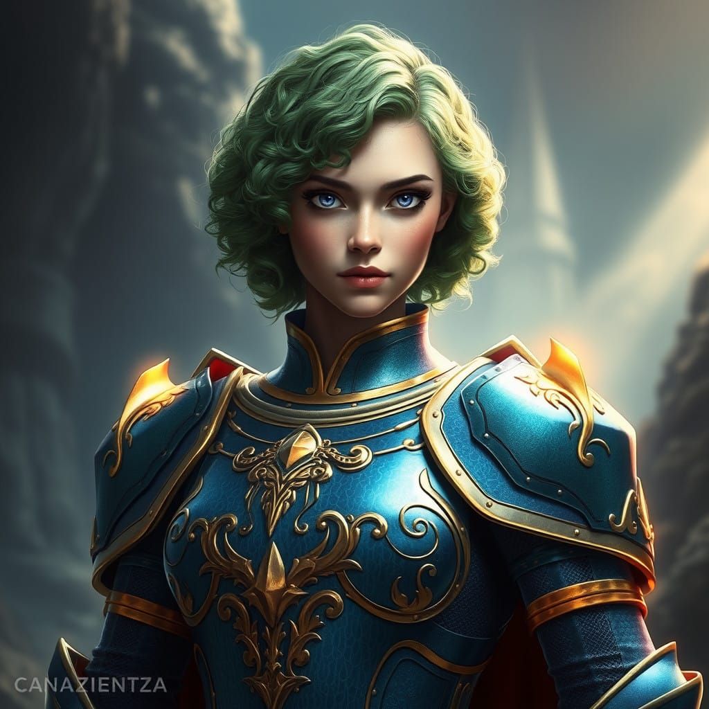 Regal Female Knight in Azure Armor with Green Hair and Purpl...