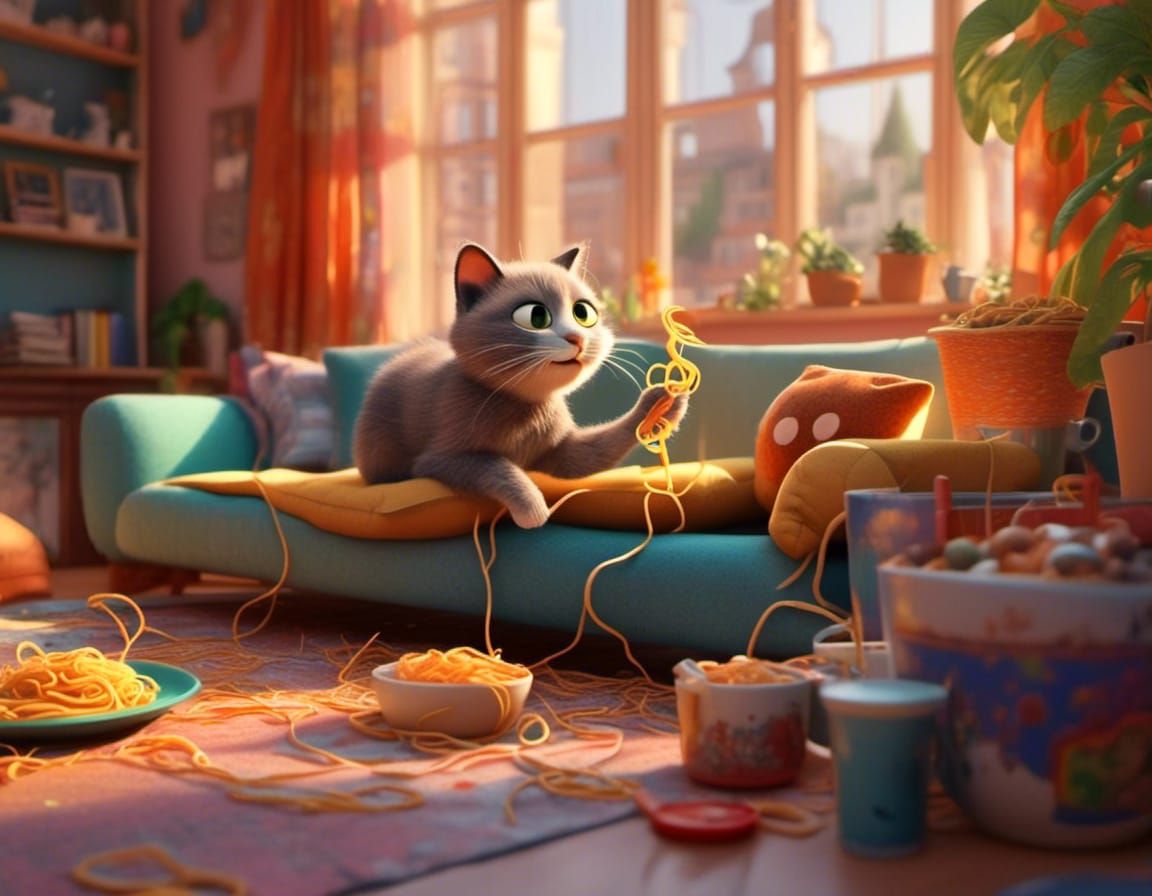 Cat Watching TV and Eating Spaghetti: Pixar-Style 3D Art