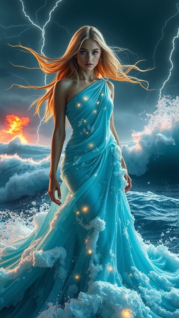 Ocean Goddess in Turbulent Waves, Gazing Directly