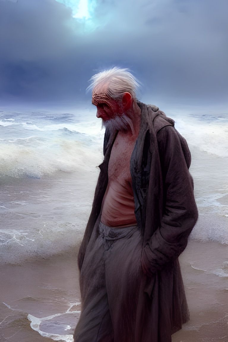 Crying Old Man in Stormy Ocean: Gouache and Watercolor