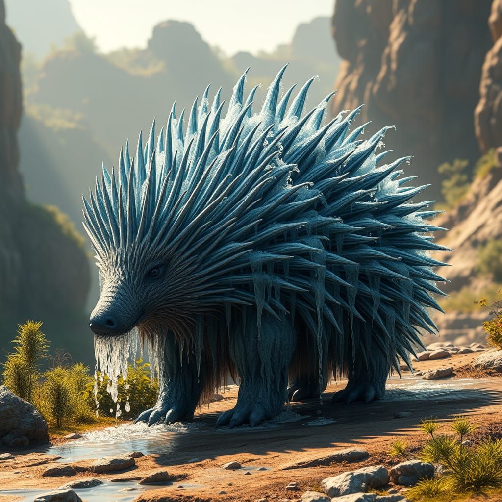 Waterfall Porcupine in a Dreamlike Matte Painting