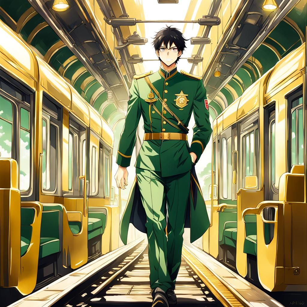 Anime Train Conductor in Green Uniform