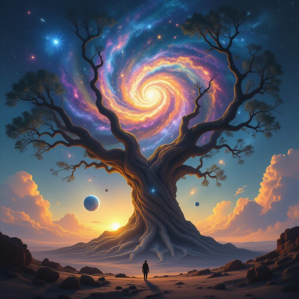 Cosmic Galaxy Tree Amidst Nebulae and Alien Planet