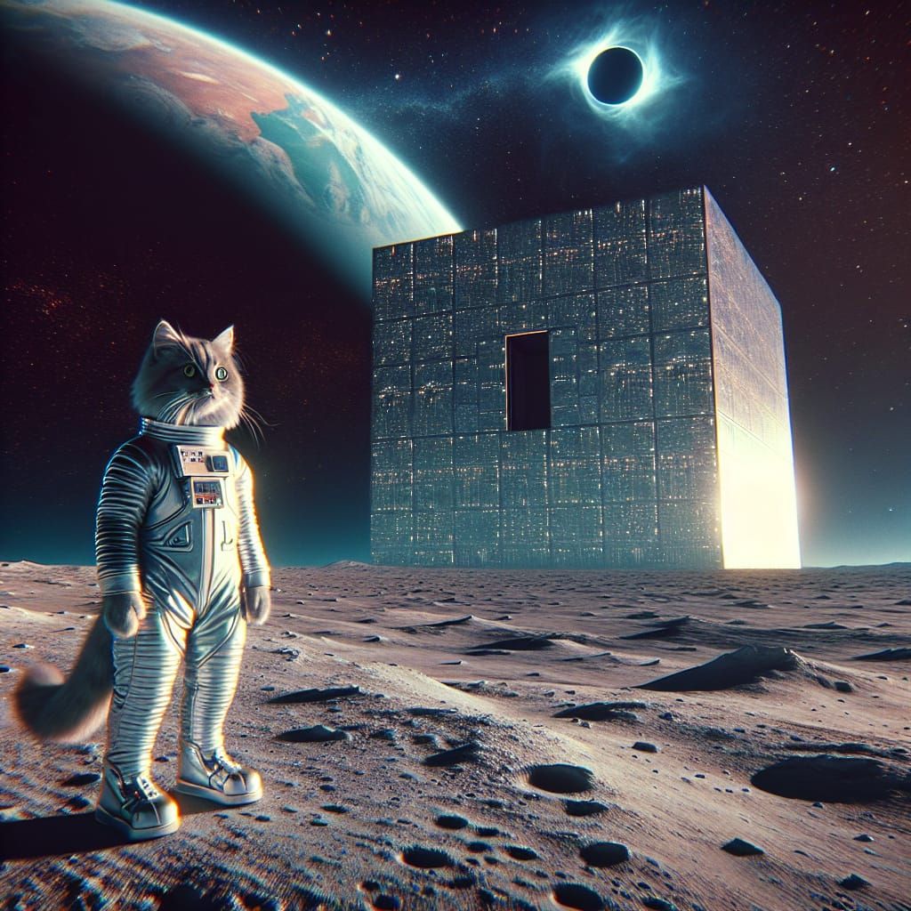 Cat in Spacesuit on Moon with Monolith