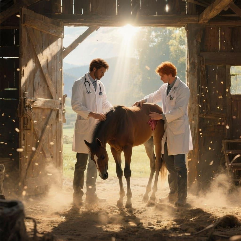 Veterinarians Assist Foal Birth in Sunlit Barn