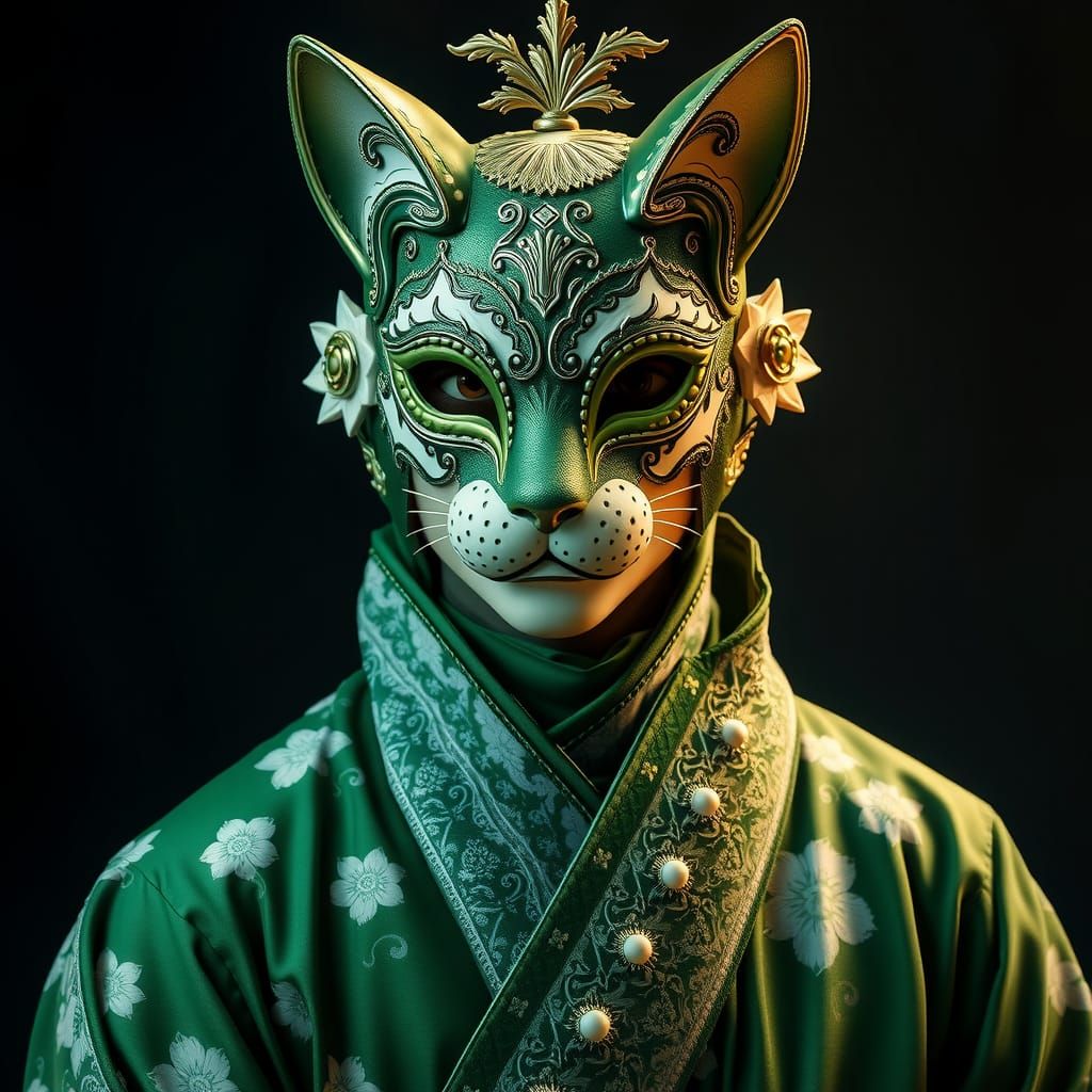 Man in Floral Robes with Venetian Cat Mask