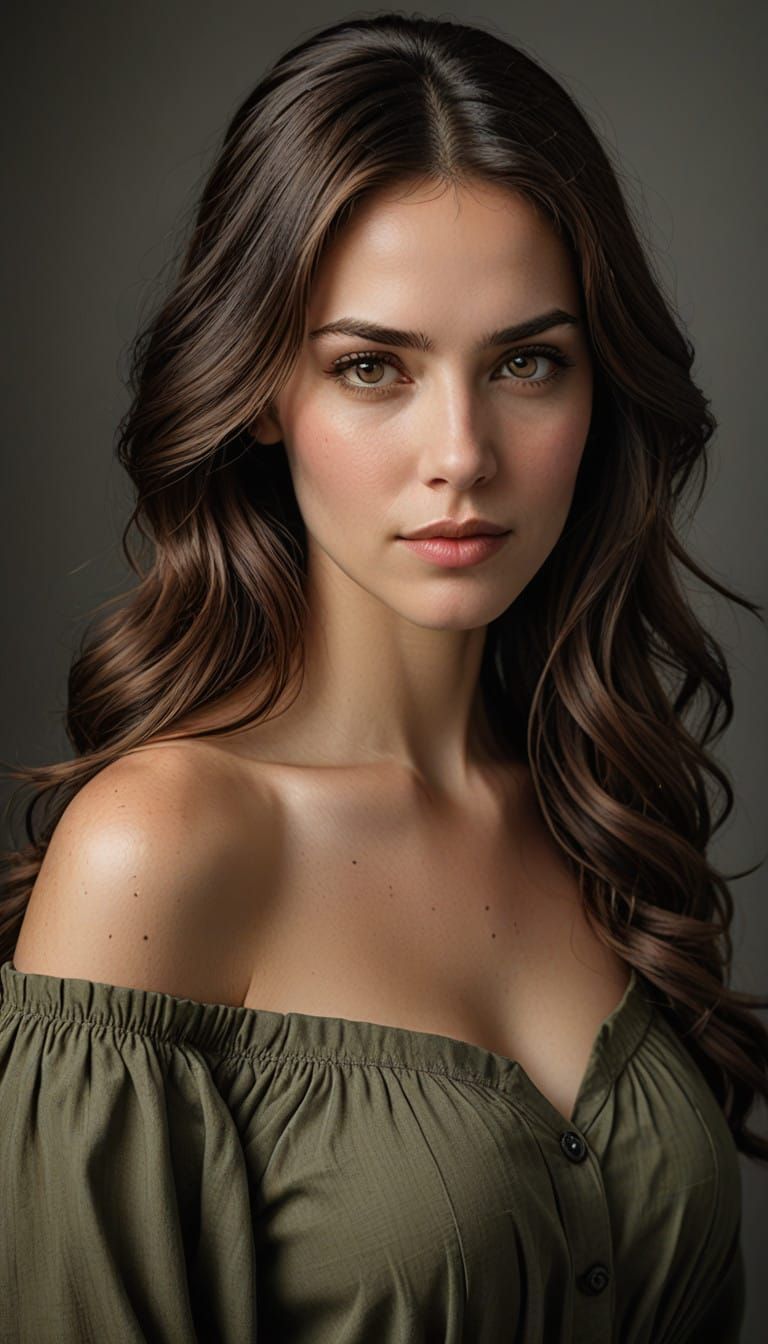 Elegant Woman with Adoring Gaze in a Cyberpunk Aesthetic