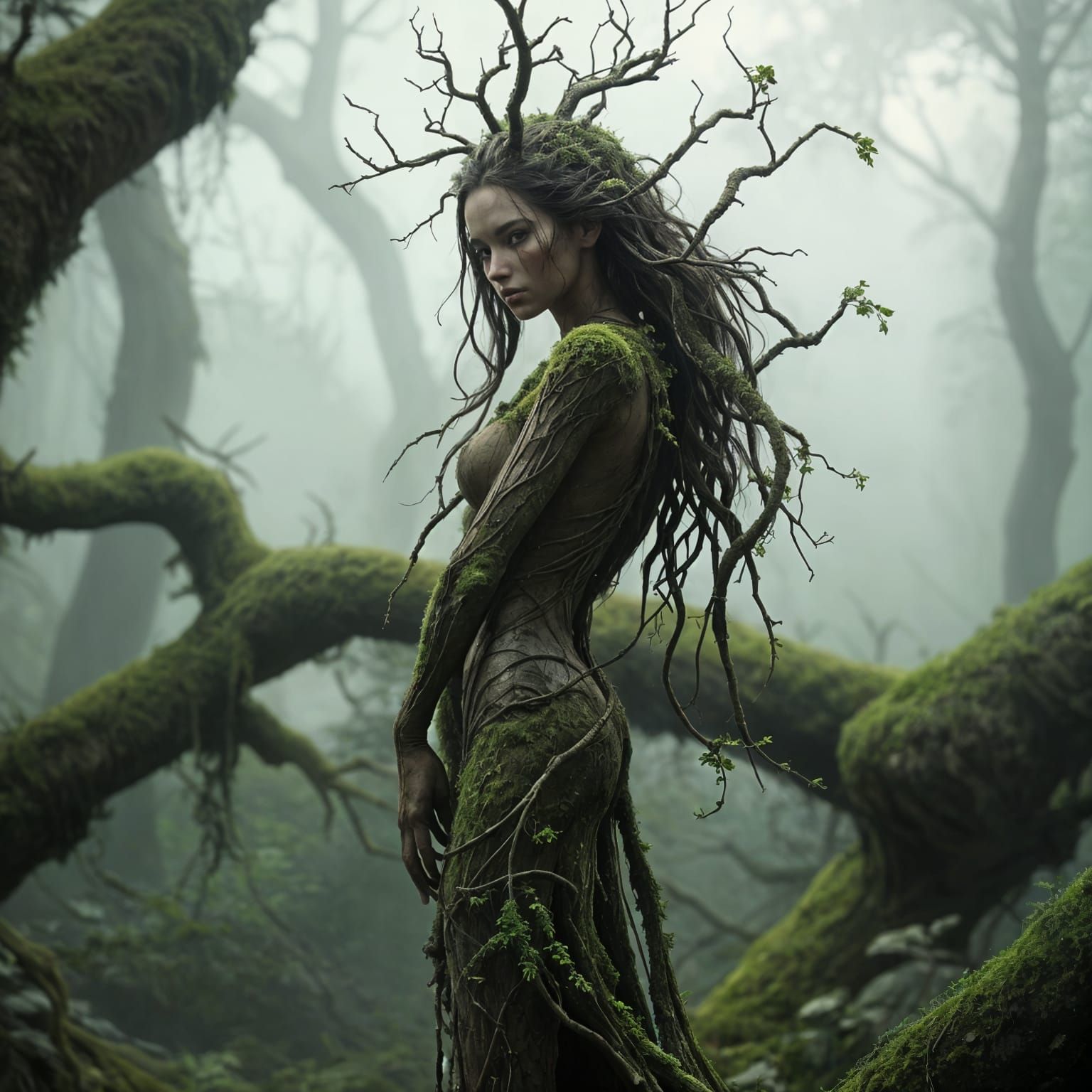 Ethereal Forest Goddess in Cyberpunk Atmosphere