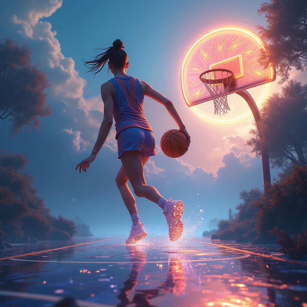 Woman Dribbling Glowing Basketball on Dreamlike Court