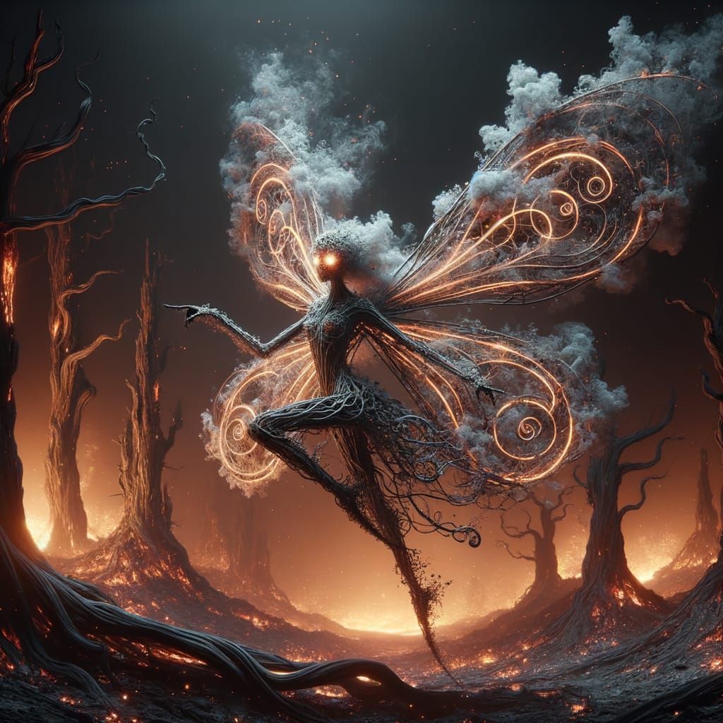 Smoky Ash Fairy Dancing in Charred Forest