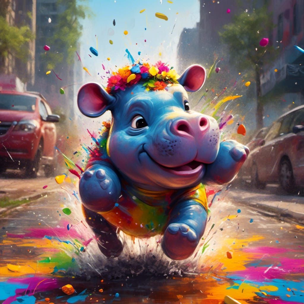 Happy Hippo Cub Dances: Vibrant Graffiti Street Art