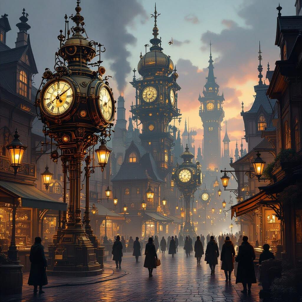 Steampunk City Square at Twilight with Clockwork Automatons