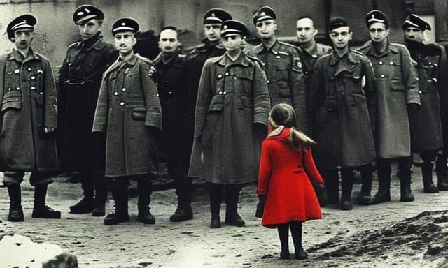 Girl in Red Coat Amidst WWII Scene