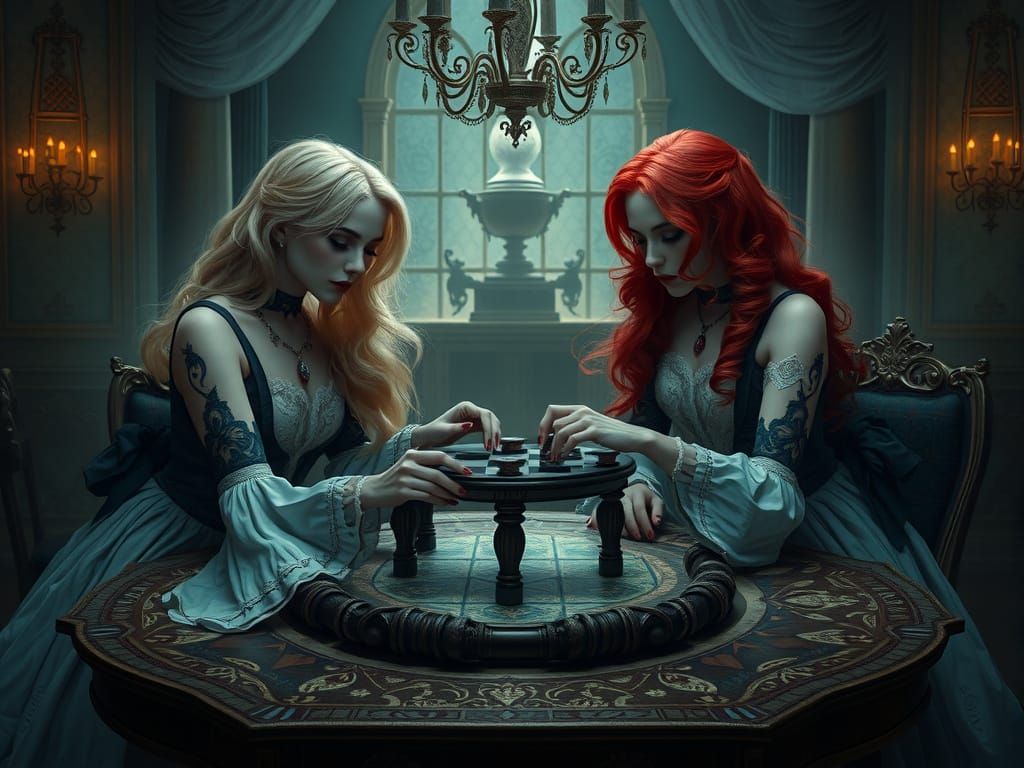 Elegant Women Play Tic-Tac-Toe in Dark Fantasy Style
