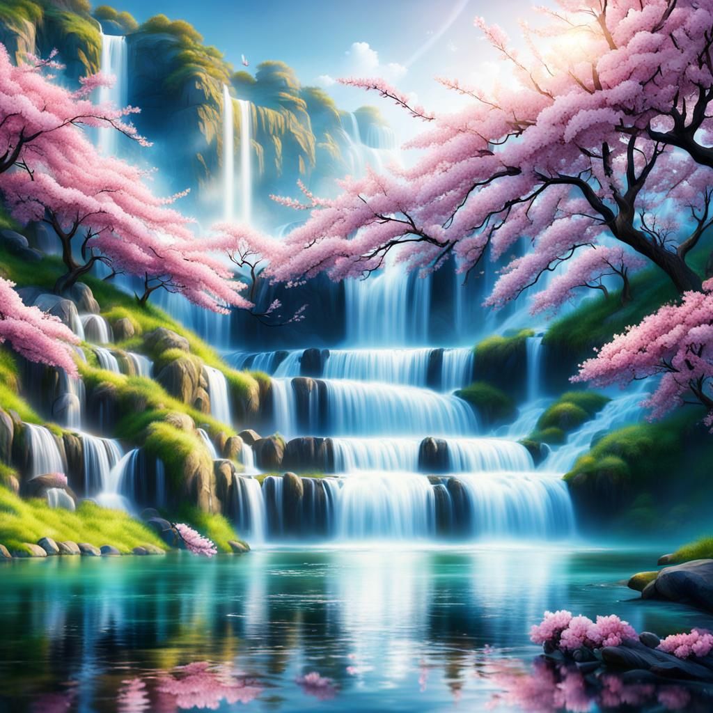 Waterfall and Cherry Blossoms in Bloom