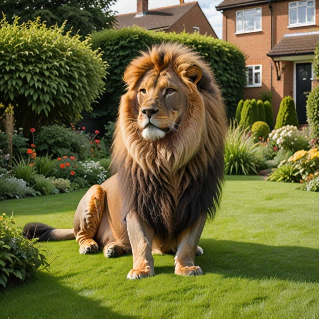 Lion on a Suburban Lawn in Impressive Posture