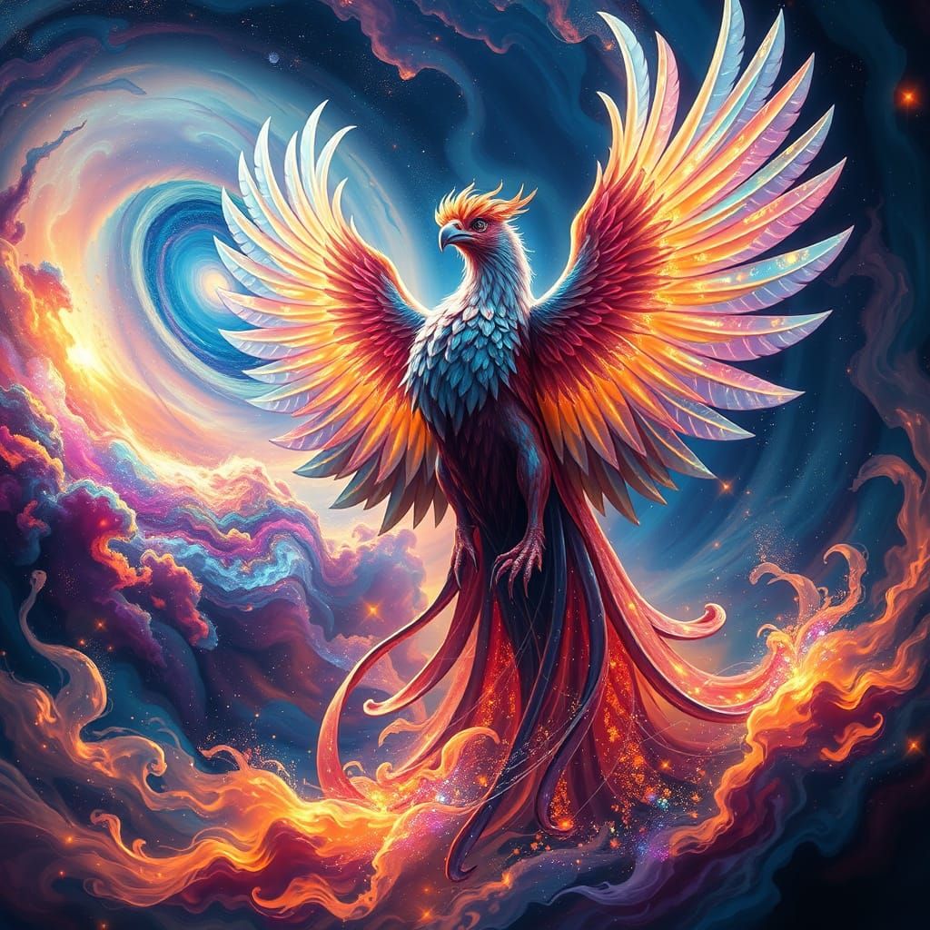 Celestial Phoenix Rising from Galaxy in Visionary Art