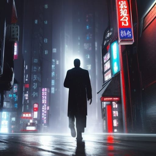 Noir Detective in Cyberpunk Tokyo Alley