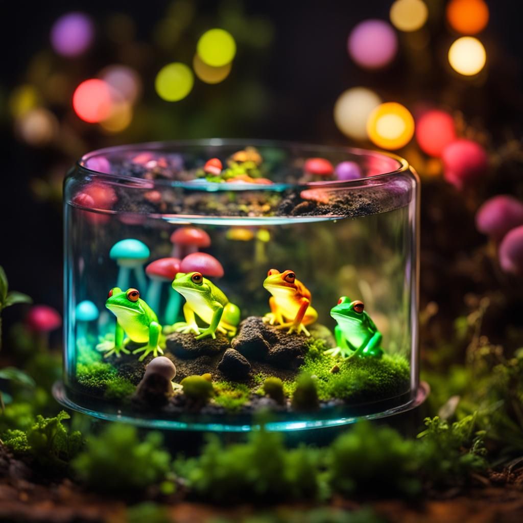 Glowing Bunny-Eared Frogs in Magical Terrarium