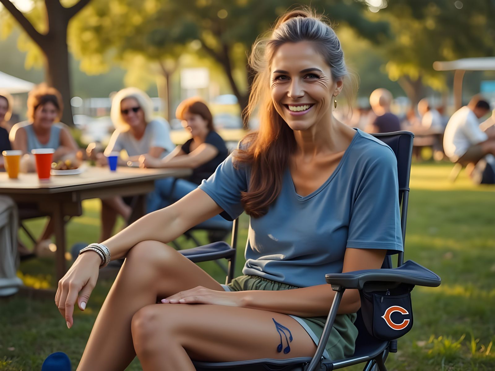 Woman in 50s Exudes Joy in Golden Hour Outdoor Gathering