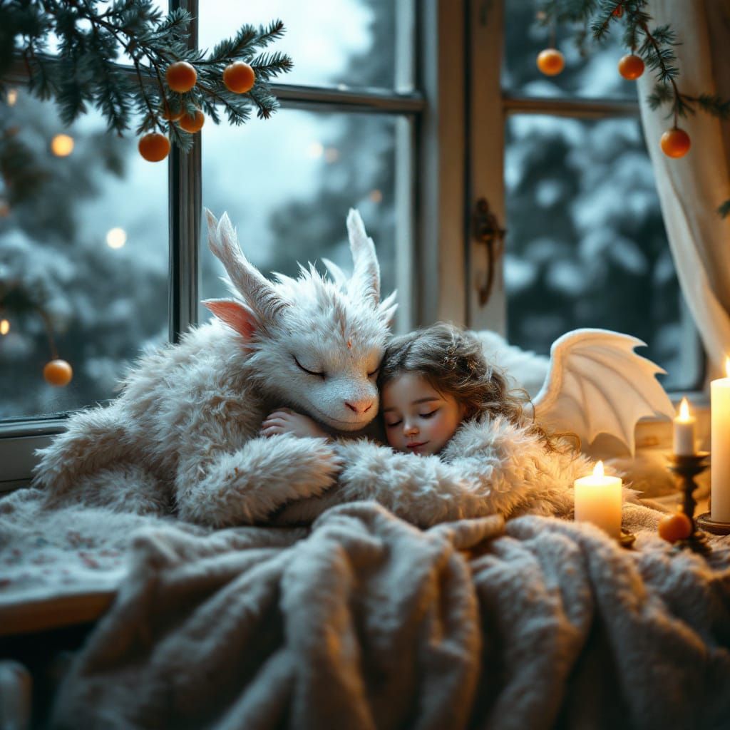 Fluffy Dragon Sleeps With Princess Amidst Winter Scene